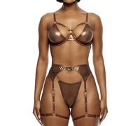 Forplay Women's Liquid Metallic Mesh Bra and Garter Belt Lingerie Set, Copper, XS