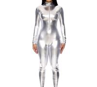 Forplay Women's Metallic Zip Front Mock Neck Catsuit, Silver, Medium/Large