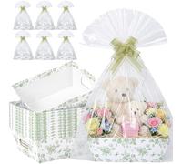 ForraFun 12 Pcs Sage Green Flower Baskets for Gifts Empty with Plastic Bag Ribbon Bow 8x10'' Cardboard Gift Wrapping Basket with Handle to Fill for Spring Summer Wedding Bridal Birthday Party Supply