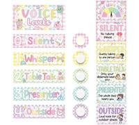ForraFun 22 Pcs Pastel Gingham School Push Light and Voice Level Poster Sticker LED Tap Light Voice Chart Battery Operated Button Lights Noise Level Monitor Rules Sign for Classroom Teachers