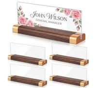 ForraFun 5 Pack Desk Name Plate Holder, 8.27 x 3", Clear Acrylic Sign Holder with Walnut Wood Base & Silicone Grip, Double Sided Nameplate for Office Desk Display, Print and Insert Your Info