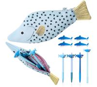 ForraFun Fish Shape Novelty Pencil Case with 4 Cute Shark Pens and 4 Shark Erasers, Realistic Fish Case Pouch with Simulated Fishbone Lining, Pen Bag Makeup Office Marker Purse