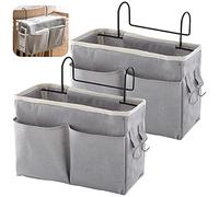 Forreen Bedside Storage Pocket, 2 Pcs Hanging Storage Basket Large Capacity Bedside Hanging Storage Dormitory Bed Organiser Caddy with Metal Hooks for Dormitory Bedroom School Bunk Bed (Grey)