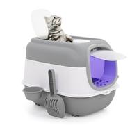 Forroby Cat Litter Tray with Hood,Foldable Enclosed Cat Litter Box Large with Lid,Scoop,Bowl,Leakage Board,Pet Portable Top Opening Toilet Indoor,Easy to Clean(Grey 40x40x56 cm)