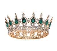 FORSEVEN Queen Crown Rhinestone Wedding Crowns and Tiaras for Women Costume Party Hair Accessories Princess Birthday Crown Crystal Bridal Crown (Gold+Green)