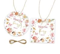 FORSHEEP 50pcs Fairy Thank You Tags, Fairy Gift Tag with String for Baby Shower Party, Round Thank You Paper Tags for Girl Birthday/Magical World Party Favors
