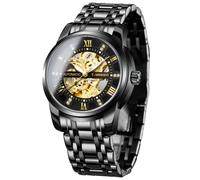 FORSINING Automatic Watch Stainless Steel Luminous Men Business Mechanical Wristwatch, Black, Retro