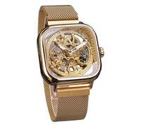 FORSINING Automatic Watches Mechanical Wrist Watch Golden for Mens Skeleton Watches with Stainless Steel Transparent Dial with Royal Flower Movement Carving, Golden, Mechanical