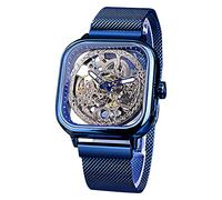 FORSINING Automatic Watches Mechanical Wrist Watch Golden for Mens Skeleton Watches with Stainless Steel Transparent Dial with Royal Flower Movement Carving, Blue, Mechanical