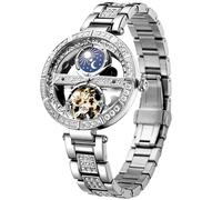 FORSINING Ladies Full Rhinestone Automatic Mechanical Watch, Dual-Sided Hollow Skeleton 3D Carved Dial with Moon Phase & Tourbillon, Luxury Self-Wind Women Wristwatch, Silver, Modern
