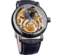 FORSINING Luxury Men's Watch with Moon Phase & Tourbillon, Retro Skeleton Hollow Self-wind Mechanical Wristwatch, Leather Belt Automatic Movement Men Watches, black black, Mechanical