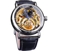 FORSINING Luxury Men's Watch with Moon Phase & Tourbillon, Retro Skeleton Hollow Self-wind Mechanical Wristwatch, Leather Belt Automatic Movement Men Watches, silver black, Mechanical