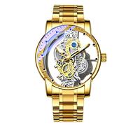 FORSINING Men Quartz Watch Stainless Steel Skeleton Classic Fashion Transparent Golden Dial Wristwatch Steampunk Design Waterproof