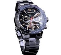 FORSINING Men Tourbillon Mechanical Self-Wind Watch, Day Date Month Full Calendar, Luminous Tachymeter Multifunctional Automatic Watches, Carved Big Dial Stainless Steel Band Wrist Watch, Black Gold