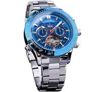 FORSINING Men Tourbillon Mechanical Self-Wind Watch, Day Date Month Full Calendar, Luminous Tachymeter Multifunctional Automatic Watches, Carved Big Dial Stainless Steel Band Wrist Watch, Silver Blue