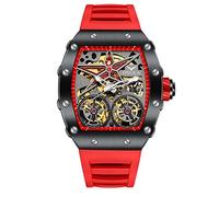 FORSINING Men Watch,Tonneau Shape Skeleton Mechanical Automatic Wristwatch Large Dial Fashion Business Dress Watches Silicone Strap,Black Red