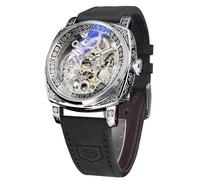 FORSINING Men's Automatic Mechanical Square Skeleton Gold Watch Vintage Leather Strap Retro Style Waterproof Classic Wrist Watch for Men, Black, Strap