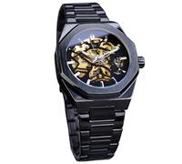 FORSINING Men's Automatic Octagonal Black Stainless Steel Carved Dial Silver Retro Wrist Watch