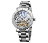 FORSINING Men's Automatic Retro Fashion Moon Phase Skeleton Hollow Wrist Watch with Stainless Steel Bracelet