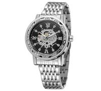 FORSINING Men's Automatic Stainless Steel Chronograph Watch Easy Read Diamond Skeleton Luxury Waterproof Roman Numerals Wrist Watch, Silver Black, Classic