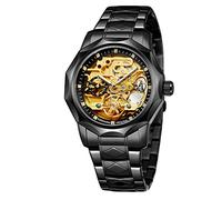 FORSINING Men's Automatic Waterproof Dodecagon Skeleton Stainless Steel Self Winding Tourbillon Wrist Watch, Black and Gold