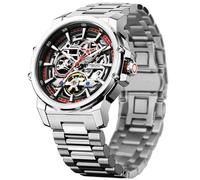 FORSINING Men's Luxury Automatic Skeleton Mechanical Watch, Industrial Style Self-Winding Hollow Watches with Tourbillon & Luminous Function, Stainless Steel Strap Mens Wristwatch, Red