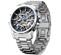 FORSINING Men's Luxury Automatic Skeleton Mechanical Watch, Industrial Style Self-Winding Hollow Watches with Tourbillon & Luminous Function, Stainless Steel Strap Mens Wristwatch, Blue