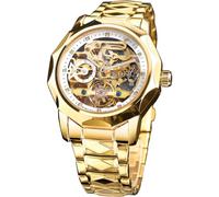 FORSINING Men's Luxury Gold & Black Hollow Skeleton Tourbillon Watch, Dodecagon Diamond Scale Self-wind Mechanical Watches, Independent Seconds Rhombus Stainless Steel Band Automatic Wristwatch, Gold