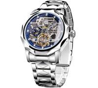 FORSINING Men's Luxury Gold & Black Hollow Skeleton Tourbillon Watch, Dodecagon Diamond Scale Self-wind Mechanical Watches, Independent Seconds Rhombus Stainless Steel Band Automatic Wristwatch