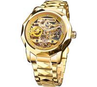 FORSINING Men's Luxury Gold & Black Hollow Skeleton Tourbillon Watch, Dodecagon Diamond Scale Self-Wind Mechanical Watches, Independent Seconds Rhombus Stainless Steel Band Automatic Wristwatch, Gold