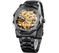 FORSINING Men's Luxury Gold & Black Hollow Skeleton Tourbillon Watch, Dodecagon Diamond Scale Self-wind Mechanical Watches, Independent Seconds Rhombus Stainless Steel Band Automatic Wristwatch, Black