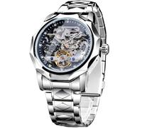 FORSINING Men's Luxury Gold & Black Hollow Skeleton Tourbillon Watch, Dodecagon Diamond Scale Self-wind Mechanical Watches, Independent Seconds Rhombus Stainless Steel Band Automatic Wristwatch