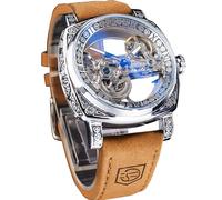 FORSINING Men's Luxury Square Carving Mechanical Watch, Retro Totem Double Sided Hollow Skeleton Self-Wind Automatic Watches, Vintage Leather Strap Wristwatch Reloj para Hombre, Silver-Brown