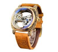 FORSINING Men's Luxury Square Carving Mechanical Watch, Retro Totem Double Sided Hollow Skeleton Self-Wind Automatic Watches, Vintage Leather Strap Wristwatch Reloj para Hombre, Brown, Retro