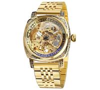 FORSINING Men's Mechanical Automatic Square Skeleton Gold Watch, Vintage Leather Strap Retro Style, Waterproof, Classic Men's Wrist Watch, Bracelet