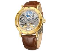 FORSINING Men's Self Winding Automatic Watch Tourbillon Analog Skeleton Movement Moon Phase Wrist Watch with Genuine Leather Strap (Gold)