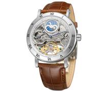FORSINING Men's Self Winding Automatic Watch Tourbillon Analog Skeleton Movement Moon Phase Wrist Watch with Genuine Leather Strap (Silver)