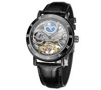 FORSINING Men's Self Winding Automatic Watch Tourbillon Analog Skeleton Movement Moon Phase Wrist Watch with Genuine Leather Strap (Black)