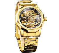 FORSINING Men's Skeleton Automatic Mechanical Watch with Diamond-Cut 12-Sided Bezel & Exposed Gears & Tourbillon Design, Unique Rhombus-Link Stainless Steel Bracelet Self-Wind Wristwatch, Gold Black