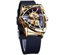 Forsining Men's Skeleton Mechanical Watches Military Automatic Steampunk Watch Triangle Racing Gold Dial Silicone Soft Band,Golden Black