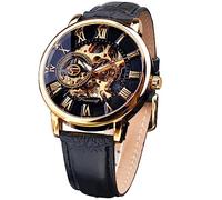 FORSINING Men's Skeleton Watch Steampunk Watch Black Mechanical Watch for Men Minimalist Retro Design Mechanical Skeleton Wrist Watch Transparent, Black-Band, 1 Count (Pack of 1), Mechanical,Skeleton