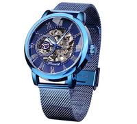 FORSINING Men's Skeleton Watch Steampunk Watch Black Mechanical Watch for Men Minimalist Retro Design Mechanical Skeleton Wrist Watch Transparent Business Mesh Band Watch, Blue, Casual Style