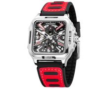 FORSINING Men's Stainless Steel Automatic Self-Winding Skeleton Retro Square Silicone Strap Black Silver Red Retro Watch, Black, Silver, Red, Retro