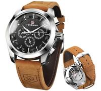 FORSINING Men's Transparent Sport Watch, Luxury Genuine Leather Strap Fashion Automatic Mechanical Skeleton Watch Mens Watches, Black