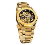 FORSINING Men's Vintage Octagonal Automatic Self-Wind Mechanical Big Dial Luminous Moon Phase Gold Stainless Steel Watch