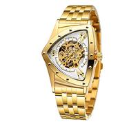 FORSINING Men's Watch 30M Waterproof Skeleton Hollow Automatic Retro Triangle Wrist Watch, Gold White, Retro