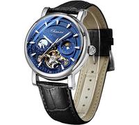 FORSINING Men's Watch Luminous Starry Sky with Moon Phase Tourbillon, Mechanical Automatic Self-Wind Fashion Watches, Stainless Steel Case Leather Belt Wristwatch, Silver Blue