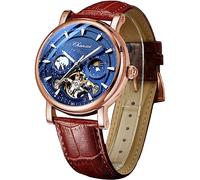 FORSINING Men's Watch Luminous Starry Sky with Moon Phase Tourbillon, Mechanical Automatic Self-Wind Fashion Watches, Stainless Steel Case Leather Belt Wristwatch, Rose Gold Blue, Modern