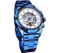 FORSINING Men's Watch Self-Wind Skeleton Hollow Out Mechanical Automatic Luxury Watches, Blue Black Stainless Steel Band Waterproof Wristwatch, Blue White, Mechanical