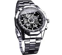 FORSINING Men's Watch Self-Wind Skeleton Hollow Out Mechanical Automatic Luxury Watches, Blue Black Stainless Steel Band Waterproof Wristwatch, Silver Black, Modern
